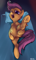 Size: 1868x3080 | Tagged: explicit, artist:ponypeon, scootaloo, anatomically correct, anus, aroused, bed, dark genitals, female, filly, foal, foalcon, g4, imported from derpibooru, nudity, pegasus, ponut, pony, presenting, solo, solo female, underhoof, vaginal secretions, vulva, vulvar winking
