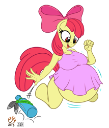 Size: 984x1152 | Tagged: questionable, artist:badgerben, artist:sparkbox, apple bloom, anthro, bottle, breasts, earth pony, female, foalcon, g4, imported from derpibooru, impossibly large belly, inflation, solo, solo female, unguligrade anthro