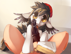 Size: 1200x906 | Tagged: explicit, artist:xennos, oc, oc:aurora, oc:glacier stripes, oc:prince aurora, age difference, big dom small sub, blowjob, cake, cock worship, colt, cute, cute porn, drool, floppy ears, foal, foalcon, foodplay, gay, hat, imported from derpibooru, licking, looking at you, male, male pov, maledom, malesub, nudity, oc only, offscreen character, on back, oral, penis, pov, precum, smiling, stallion, stallion on colt, submissive, tongue out