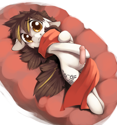 Size: 932x1000 | Tagged: explicit, artist:xennos, oc, oc:prince aurora, bed, blushing, cute, cute porn, foalcon, horsecock, imported from derpibooru, male, nudity, oc only, penis, precum, presenting, reasonably sized genitals, solo, solo male