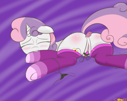 Size: 1500x1200 | Tagged: explicit, artist:cookiegiverouter, sweetie belle, anal insertion, anal-vaginal orgasm, anus, black underwear, blushing, butt, clothes, egg vibrator, eyes closed, female, filly, foal, foalcon, g4, horn, imported from derpibooru, insertion, legwear, lying down, nudity, orgasm, panties, panties around leg, panties pulled down, plot, pony, presenting, prone, sex toy, socks, solo, solo female, spreading, squirting, stockings, thigh highs, underwear, unicorn, vagina, vaginal secretions, vibrator, vulva