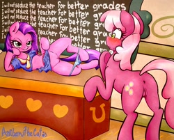 Size: 2537x2040 | Tagged: explicit, artist:anibaruthecat, oc, oc:show stopper, anus, butt, cheerilee, classroom, clothes, earth pony, female, females only, filly, flowerbutt, foal, foalcon, foaldom, g4, high res, imported from derpibooru, lesbian, mare, mare on filly, nudity, panties, panties around legs, panties pulled down, plot, pony, ponyville schoolhouse, schoolgirl, sultry pose, table, underwear, undressing, vaginal secretion stain, vaginal secretions, vulva