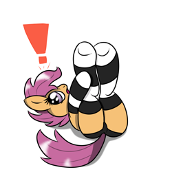 Size: 1200x1200 | Tagged: questionable, scootaloo, artist needed, clothes, exclamation point, female, foalcon, g4, imported from derpibooru, legs in air, on back, socks, solo, solo female, striped socks