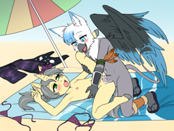 Size: 2400x1800 | Tagged: explicit, artist:vermelhatan, oc, anthro, bikini, bikini bottom, bikini top, bottomless, braless, clothes, creampie, cum, female, from behind, griffon, griffon oc, gryphon on loli, imported from twibooru, lolicon, male and female, male on loli, nipples, nudity, oc only, on back, partial nudity, penis, swimsuit, underage, unguligrade anthro, unicorn, vagina