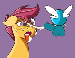 Size: 3896x3000 | Tagged: explicit, artist:teraspell, scootaloo, balls, bestiality, cum, derpibooru exclusive, edit, facial, female, foalcon, g4, high res, imported from derpibooru, interspecies, male, nudity, open mouth, oral, parasprite, penis, pornasprite, purple background, simple background, straight