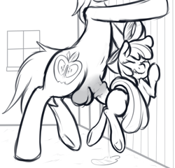 Size: 1789x1718 | Tagged: explicit, artist:mostazathy, apple bloom, against wall, age difference, applecest, balls, big macintosh, brother and sister, cock lift, earth pony, female, filly, foal, foalcon, g4, horsecock, imported from derpibooru, incest, lip bite, male, monochrome, nudity, penetration, penis, pony, sex, ship:macbloom, siblings, stallion, stallion on filly, straight, underhoof