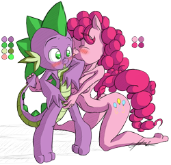 Size: 700x676 | Tagged: questionable, artist:akaonic, pinkie pie, spike, age difference, anthro, breasts, dragon, duo, duo male and female, earth pony, female, foalcon, g4, imported from derpibooru, male, pony, ship:pinkiespike, shipping, skinny, straight, teasing, thin, waist tail, wingless spike