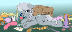 Size: 1312x586 | Tagged: explicit, artist:fearingfun, artist:lord waite, silver spoon, anal beads, anus, ballgag, butt, clothes, colored, dildo, dock, earth pony, female, foalcon, g4, gag, imported from derpibooru, looking at you, messy, nudity, plot, pony, presenting, sex toy, solo, solo female, sweater, underhoof, vulva