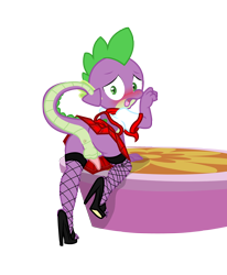 Size: 2059x2500 | Tagged: explicit, artist:pyruvate, artist:reduxdrawer8k, spike, comic:dragon queen, anthro, anus, ass, balls, bottomless, butt, clothes, crossdressing, dragon, dragonbutt, edit, erection, female, femboy, femboy spike, fishnet stockings, foalcon, g4, high heels, high res, imported from derpibooru, legwear, looking at you, looking back, male, nudity, penis, raised tail, school uniform, simple background, sissy, skirt, skirt boner, small penis, solo, solo male, stage, stockings, stupid sexy spike, tail, the ass was fat, thigh highs, transparent background, upskirt, wingless spike
