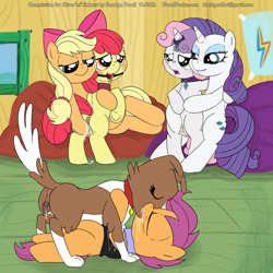 Size: 1000x1000 | Tagged: explicit, artist:smudge proof, apple bloom, applejack, rarity, scootaloo, sweetie belle, age difference, anus, applecest, ballgag, bestiality, blushing, bondage, bound wings, canine vulva, clothes, clubhouse, collar, commission, corset, crusaders clubhouse, cutie mark crusaders, dog, dog on filly action, earth pony, female, filly, foal, foalcon, g4, gag, horn, horn ring, imported from derpibooru, incest, interspecies, kiss on the lips, kissing, lesbian, magic suppression, mare, mare on filly, nudity, pegasus, ponut, pony, raricest, ship:bloomjack, ship:raribelle, shipping, sloppy kissing, treehouse, unicorn, vulva, winona