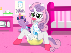 Size: 2000x1500 | Tagged: questionable, artist:fillyscoots42, sweetie belle, twilight sparkle, ambiguous facial structure, anthro, bib, diaper, diaper fetish, diapered plushie, equestria girls, foalcon, g4, imported from derpibooru, nursery, pacifier, plushie, poofy diaper, urine, wet diaper