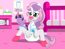 Size: 2000x1500 | Tagged: explicit, artist:fillyscoots42, sweetie belle, twilight sparkle, adult foal, ambiguous facial structure, anthro, bib, cum, cumming, cumming in diaper, diaper, diaper fetish, equestria girls, female, foalcon, g4, implied straight, imported from derpibooru, masturbation, nursery, pacifier, poofy diaper, rubbing, solo, solo female, vaginal secretion stain, vaginal secretions