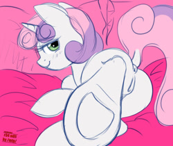 Size: 1256x1057 | Tagged: explicit, artist:kinkypinkie, artist:opeegenetalia, sweetie belle, /mlp/ genitaliations, anatomically correct, anus, bed, bedroom eyes, blushing, butt, dock, edit, female, foal, foalcon, g4, hoof fetish, hooves, imported from derpibooru, looking at you, looking back, nudity, on side, plot, ponut, presenting, presenting hoof, raised tail, smiling, solo, solo female, underhoof, vulva