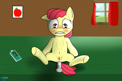 Size: 2500x1666 | Tagged: explicit, artist:jetta-like-volkswagen, apple bloom, anal insertion, blushing, dildo, dildo sitting, earth pony, female, foalcon, g4, imported from derpibooru, insertion, lube, nudity, pony, sex toy, solo, solo female, spread legs, spreading, vaginal secretions, vulva
