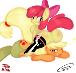 Size: 800x768 | Tagged: explicit, artist:kikiluv17, artist:opeegenetalia, apple bloom, applejack, /mlp/ genitaliations, anatomically correct, anus, apple bloom's bow, applecest, asshat, blushing, bow, butt, clothes, earth pony, edit, facesitting, female, females only, foalcon, g4, hair bow, imported from derpibooru, incest, latex, latex socks, legwear, lesbian, looking at you, looking back, looking back at you, mare, mare on filly, nudity, one eye closed, plot, ponut, pony, ship:bloomjack, shipping, simple background, socks, stockings, thigh highs, vulva, white background