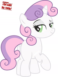 Size: 1805x2393 | Tagged: questionable, artist:leopurofriki, artist:opeegenetalia, sweetie belle, /mlp/ genitaliations, anatomically correct, anus, bedroom eyes, butt, edit, female, filly, foal, foalcon, g4, genitals, imported from derpibooru, looking back, nudity, plot, ponut, pony, simplistic anus, simplistic vulva, solo, solo female, vulva