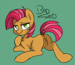 Size: 1027x896 | Tagged: explicit, artist:crade, artist:opeegenetalia, babs seed, /mlp/ genitaliations, anatomically correct, anus, bedroom eyes, butt, earth pony, edit, female, foalcon, g4, hooves, imported from derpibooru, nudity, plot, ponut, pony, simple background, solo, solo female, vulva