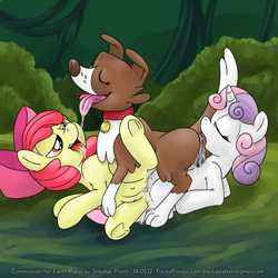 Size: 1000x1000 | Tagged: explicit, artist:smudge proof, apple bloom, sweetie belle, anal orgasm, analingus, analingus on female, anus, bestiality, bow, clitoris, commission, crotchboobs, dog, dog on filly action, dog on pony action, drool, earth pony, female, female on female analingus, filly, foal, foalcon, g4, group sex, imported from derpibooru, interspecies, kissing, lesbian, nipples, nudity, on back, oral, orgasm, pony, sex, simultaneous orgasm, sloppy kissing, source needed, threesome, tongue out, tribadism, trio, underhoof, unicorn, useless source url, vaginal orgasm, vaginal secretions, vulva, winona
