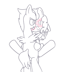 Size: 1000x1000 | Tagged: explicit, artist:ropeface, anus, anus peek, balls, black and white, double penetration, featherweight, female, foalcon, g4, genitals, glasses, group sex, imported from derpibooru, male, monochrome, nudity, partial color, pegasus, pony, rumble, sex, straight, threesome, twist