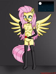Size: 3024x4032 | Tagged: explicit, artist:blossomblaze, fluttershy, anthro, clothes, dominatrix, evening gloves, female, gloves, imported from twibooru, lolicon, long gloves, nipples, nudity, riding crop, stocking feet, underage, vagina
