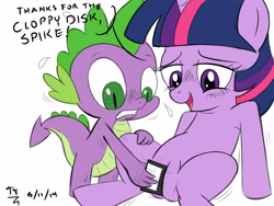 Size: 4200x3150 | Tagged: explicit, artist:tomtornados, spike, twilight sparkle, baby, baby dragon, bedroom eyes, dialogue, dragon, duo, eyes on the prize, female, floppy disk, foalcon, g4, imported from derpibooru, looking down, male, mama twilight, nudity, open mouth, pony, pun, ship:twispike, shipping, straight, vulva, wat