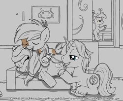 Size: 1217x1000 | Tagged: explicit, artist:smudge proof, button mash, oc, oc:cream heart, oc:thunder ring, age difference, balls, biting, clitoris, colt, colt on mare, commission, crotchboobs, cunnilingus, drool, ear play, earth pony, earth pony oc, female, foal, foalcon, g4, imported from derpibooru, lip bite, male, mare, mother and child, mother and son, mother's day, nipples, nudity, oblivious, oral, penis, pipsqueak, pong, pony, sega game gear, space invaders, stallion, stallion on mare, straight, straight shota, taito, vagina, vaginal secretions, video game