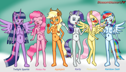Size: 13556x7813 | Tagged: explicit, artist:blossomblaze, applejack, fluttershy, pinkie pie, rainbow dash, rarity, twilight sparkle, anthro, female, imported from twibooru, lolicon, mane six, nipples, nudity, underage, vagina