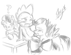 Size: 900x700 | Tagged: explicit, artist:starykrow, apple bloom, scootaloo, spike, sweetie belle, blowjob, blushing, cmc foursome, cutie mark crusaders, desk, dragon, eyes closed, female, foalcon, foursome, g4, group sex, imported from derpibooru, interspecies, male, monochrome, nudity, oral, penis, question mark, sex, ship:crusadespike, ship:scootaspike, ship:spikebelle, ship:spikebloom, shipping, straight