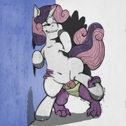 Size: 900x900 | Tagged: explicit, artist:kevinsano edits, artist:teraspell, spike, sweetie belle, against wall, balls, creampie, cum, cumming, derpibooru exclusive, dragon, edit, female, foalcon, from behind, g4, imported from derpibooru, male, nudity, penetration, penis, sex, ship:spikebelle, shipping, straight, vaginal