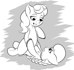 Size: 1644x1568 | Tagged: questionable, artist:riscke, diamond tiara, silver spoon, accessory swap, domination, female, foalcon, g4, glasses, grayscale, imported from derpibooru, lesbian, missing accessory, monochrome, necklace, ship:silvertiara, shipping, spectacles, submission