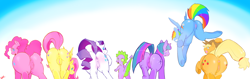 Size: 5700x1800 | Tagged: explicit, artist:cold-blooded-twilight, applejack, fluttershy, pinkie pie, rainbow dash, rarity, spike, twilight sparkle, anus, applebutt, balloonbutt, butt, dock, earth pony, eyes closed, female, flutterbutt, foalcon, g4, grin, gritted teeth, high res, horn, imported from derpibooru, large butt, line-up, looking at you, looking back, male, mane seven, mane six, mane six plots, mane six vaginas, nudity, open mouth, pegasus, plot, plotline, ponut, pony, presenting, rainbutt dash, raised tail, rearity, smiling, tailboner, twibutt, unicorn, vulva