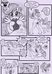 Size: 1240x1748 | Tagged: explicit, artist:anibaruthecat, princess celestia, princess luna, rainbow dash, scootaloo, twilight sparkle, comic:cuddle clouds, alicorn, balls, blowjob, blushing, butt, cloud, comic, drool, female, filly, foal, foalcon, futa, futa on female, futa rainbow dash, g4, heart, imported from derpibooru, intersex, moaning, moaning in pleasure, monochrome, nudity, oral, pegasus, penis, plot, pony, precum, princess cadance, ship:scootadash, shipping, taste the rainbow