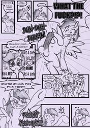 Size: 1240x1748 | Tagged: explicit, artist:anibaruthecat, princess celestia, princess luna, rainbow dash, scootaloo, twilight sparkle, comic:cuddle clouds, balls, blushing, cloud, comic, foalcon, fuckin' alicorns, futa, futa rainbow dash, g4, heart, imported from derpibooru, intersex, monochrome, nudity, pegasus, penis, pony, princess cadance, reacting to nudity, ship:scootadash, shipping, sweat, vulgar