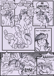 Size: 1240x1748 | Tagged: explicit, artist:anibaruthecat, rainbow dash, scootaloo, twilight sparkle, comic:cuddle clouds, alicorn, blushing, cloud, comic, female, filly, foal, foalcon, g4, heart, imported from derpibooru, lesbian, mare, mare on filly, monochrome, nudity, orgasm, pegasus, pomf, pony, ship:scootadash, shipping, squirting, tongue out, tribadism, twilight snapple, vaginal orgasm, vaginal secretions, vulva, wingboner