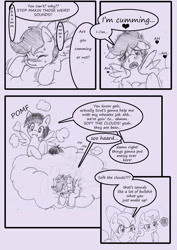 Size: 1240x1748 | Tagged: explicit, artist:anibaruthecat, apple bloom, rainbow dash, scootaloo, sweetie belle, comic:cuddle clouds, anal insertion, blushing, clopping, cloud, comic, cutie mark crusaders, dry anal orgasm, dry orgasm, female, filly, foal, foalcon, g4, imported from derpibooru, insertion, lesbian, mare on filly, monochrome, pegasus, pony, pony on pony action, ship:scootadash, shipping, sweat, tremble spikes, trembling, unicorn