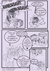 Size: 1240x1748 | Tagged: explicit, artist:anibaruthecat, apple bloom, rainbow dash, scootaloo, sweetie belle, comic:cuddle clouds, blushing, comic, cute, cutie mark crusaders, diasweetes, drool, earth pony, female, filly, foal, foalcon, g4, imported from derpibooru, lesbian, mare, mare on filly, monochrome, pegasus, pony, ship:scootadash, shipping, unicorn, vaginal secretions