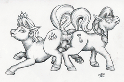 Size: 879x583 | Tagged: explicit, artist:chewtoy, diamond tiara, silver spoon, anal insertion, anus, butt to butt, dildo, doubleheaded dildo, female, foalcon, g4, gif, imported from derpibooru, insertion, lesbian, monochrome, non-animated gif, nudity, sex toy, ship:silvertiara, shipping, traditional art, vagina, vulva