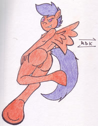 Size: 469x600 | Tagged: explicit, artist:rdk, scootaloo, anthro, ass, banned from derpibooru, breasts, butt, female, foalcon, g4, imported from derpibooru, imported from twibooru, lolicon, nipples, nudity, sideboob, solo, solo female, traditional art, underage, underhoof, unguligrade anthro, vulva