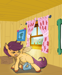 Size: 700x850 | Tagged: explicit, artist:kevinsano edits, artist:teraspell, scootaloo, abdominal bulge, clubhouse, crusaders clubhouse, derpibooru exclusive, dildo, edit, female, foalcon, g4, imported from derpibooru, insertion, masturbation, pegasus, pony, sex toy, solo, solo female