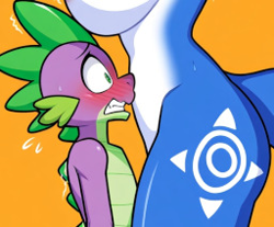 Size: 256x212 | Tagged: questionable, spike, ai content, ai generated, anthro, banned from derpibooru, blushing, breasts, dragon, duo, duo male and female, embarrassed, female, fox, g4, imported from twibooru, interspecies, krystal, male, novelai, nudity, open mouth, orange background, prompter:genderface, shipping, shotacon, simple background, stable diffusion, star fox, straight, straight shota, surprised, surprised face, underage