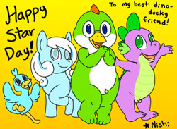 Size: 300x220 | Tagged: explicit, artist:nishi, spike, oc, oc:snowdrop, balls, bird, cub, dinosaur, dragon, duck, female, filly, foal, foalcon, furry, g4, hybrid, imported from derpibooru, nudity, pegasus, penis, pony, we are going to hell, wingless spike