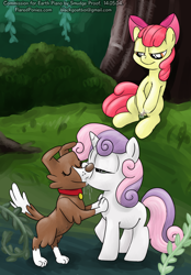 Size: 694x1000 | Tagged: explicit, artist:smudge proof, apple bloom, sweetie belle, bedroom eyes, bestiality, bipedal, bipedal leaning, commission, crotchboobs, dead source, dog, dog on filly action, drool, earth pony, everfree forest, eyes closed, female, filly, foal, foalcon, g4, genitals, hoofing, hoofing self, imported from derpibooru, interspecies, kiss on the lips, kissing, leaning, lesbian, lidded eyes, masturbation, nipples, nudity, pony, sloppy kissing, smiling, teats, trio, unicorn, vaginal hoofing, vaginal masturbation, vaginal secretions, voyeurism, vulva, winona
