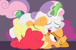 Size: 3600x2400 | Tagged: explicit, artist:dtcx97, apple bloom, scootaloo, sweetie belle, cmc threesome, cutie mark crusaders, dildo, drool, earth pony, eyes closed, female, filly, foal, foalcon, g4, group sex, high res, horn, imported from derpibooru, lesbian, on back, open mouth, pegasus, pony, sex, sex toy, ship:sweetiebloomaloo, shipping, threesome, trio, trio female, unicorn, wink