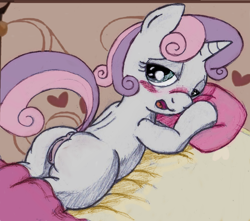 Size: 1000x883 | Tagged: explicit, artist:an-tonio, artist:lord waite, sweetie belle, anus, bed, blushing, colored, cute, female, filly, foal, foalcon, g4, heart, imported from derpibooru, nudity, pillow, ponut, pony, prone, solo, solo female, unicorn, vulva