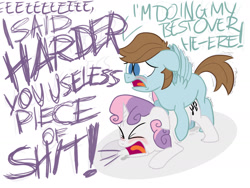 Size: 1280x960 | Tagged: explicit, artist:darkenthepony, sweetie belle, angry, ass up, blushing, chip mint, crying, dialogue, distressed, doggy style, eyes closed, face down ass up, femdom, floppy ears, foalcon, from behind, frown, g4, imported from derpibooru, insult, male, malesub, open mouth, penetration, post-crusade, screaming, sex, spread wings, straight, submissive, tongue out, trembling, vaginal, vulgar, wingboner, wings, yelling