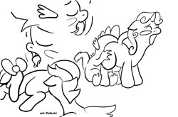 Size: 1000x660 | Tagged: explicit, artist:caluriri, apple bloom, scootaloo, spike, sweetie belle, anus, blushing, cunnilingus, cutie mark crusaders, dragon, earth pony, female, filly, foal, foalcon, g4, horny, imported from derpibooru, interspecies, lesbian, licking, male, monochrome, nudity, open mouth, oral, pegasus, pony, sex, ship:scootabloom, ship:spikebelle, shipping, straight, tongue out, unicorn, vulva