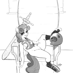 Size: 5000x5000 | Tagged: explicit, artist:kevinsano, sweetie belle, absurd resolution, album cover, anthro, boots, bottomless, breasts, clothes, female, foalcon, g4, grayscale, helmet, imported from derpibooru, metal, metal belle, monochrome, nipples, nudity, sideboob, solo, solo female, source needed, sword, throne, unguligrade anthro
