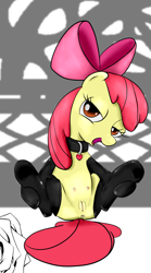 Size: 618x1114 | Tagged: explicit, artist:docente, apple bloom, anus, clothes, collar, cropcon, crotchboobs, evening gloves, female, foalcon, g4, gloves, imported from derpibooru, latex, nipples, nudity, presenting, socks, solo, solo female, teats, underhoof, vagina, vulva