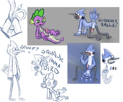 Size: 1400x1161 | Tagged: explicit, artist:cobaltsynapse, spike, bird, cum, cum in mouth, cum in own mouth, foalcon, furry, g4, imported from derpibooru, male, masturbation, mordecai, nudity, penis, regular show, sketch dump, solo, solo male