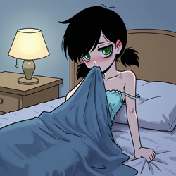Size: 1024x1024 | Tagged: suggestive, oc, oc:anonfilly, /jdb/, ai generated, bed, blanket, blushing, clothes, embarrassed, human, humanized, imported from twibooru, lamp, lolicon, nightgown, pigtails, prompter:hashi